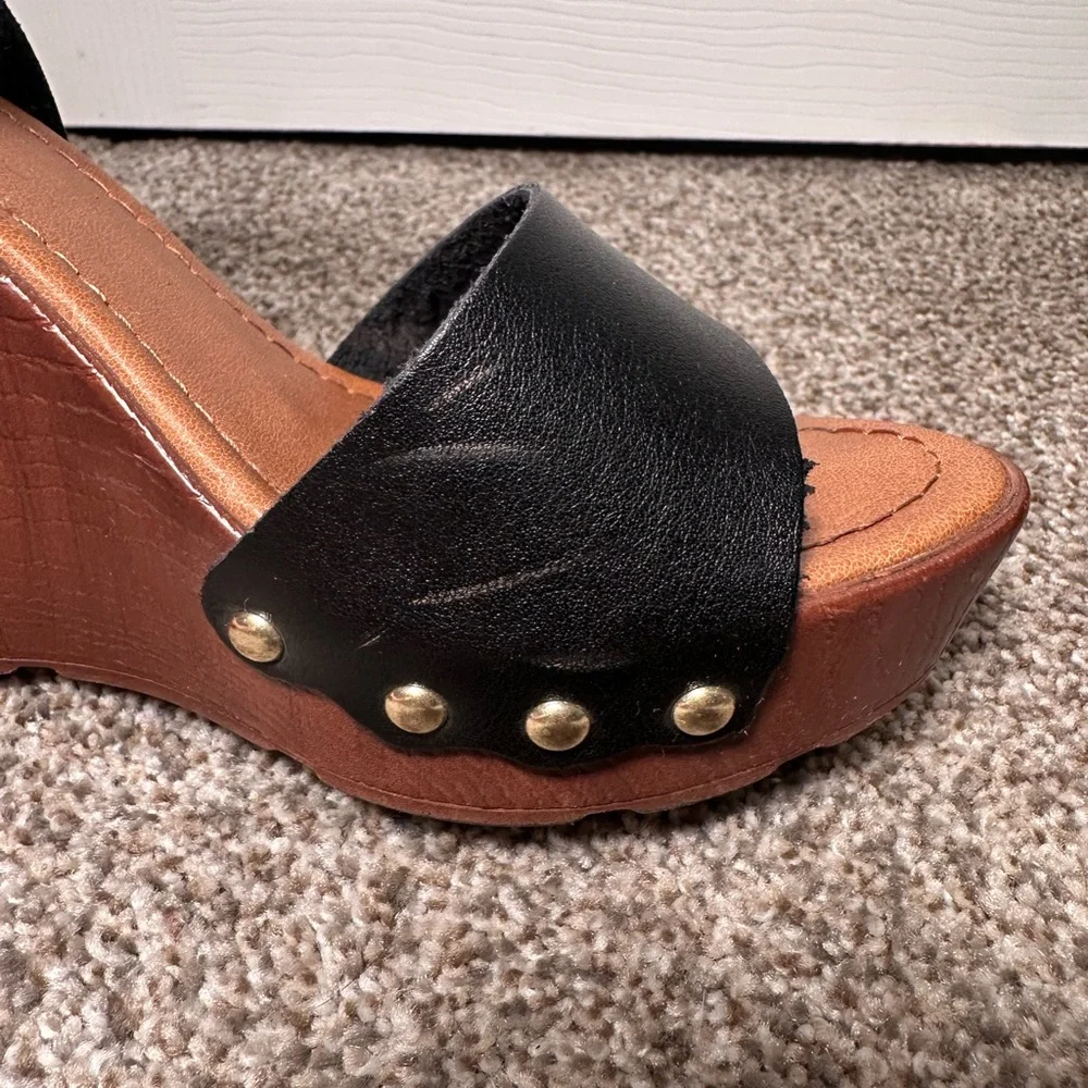 Soda Black and Tan Wedge Sandals